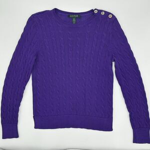 Lauren Ralph Lauren Cable Knit Sweater Purple Women’s Medium Button Shoulder
